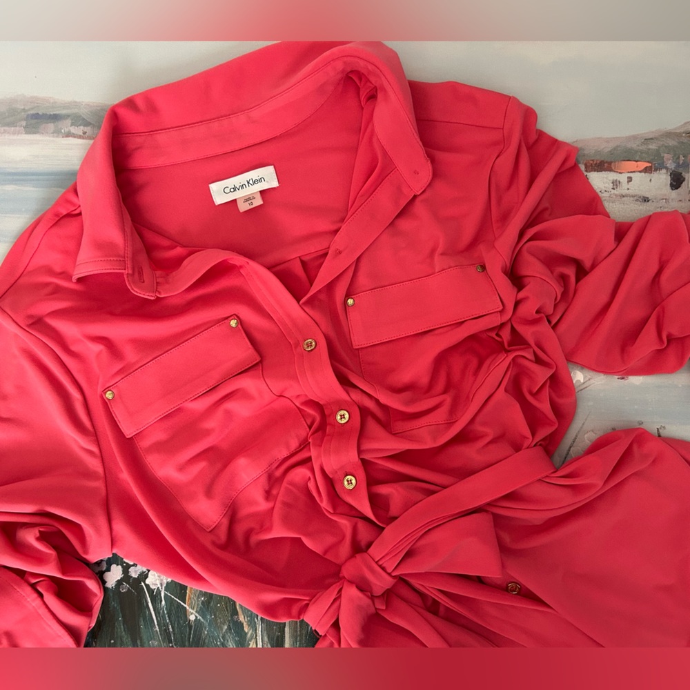 Calvin Klein Button Down Silky Shirt Dress Coral Vintage Retro🪸